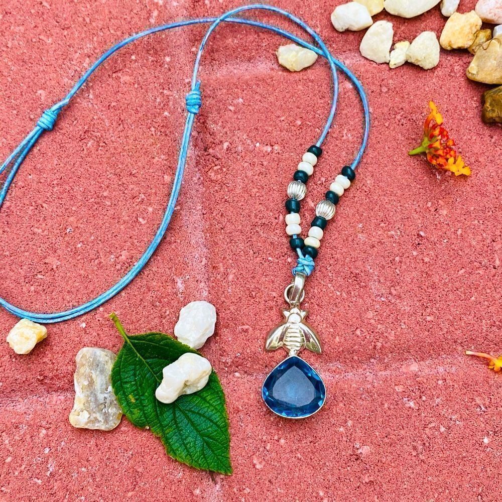 Blue Topaz Silver Bee Leather Handmade Necklace